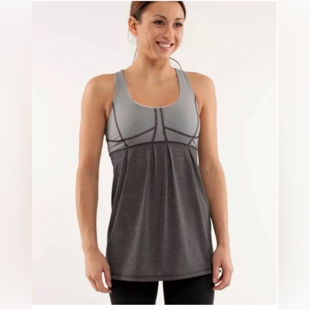 Lululemon Run Your Heart Out Tank Gray Stripe Top Cinch Hem Pleated Sz 6